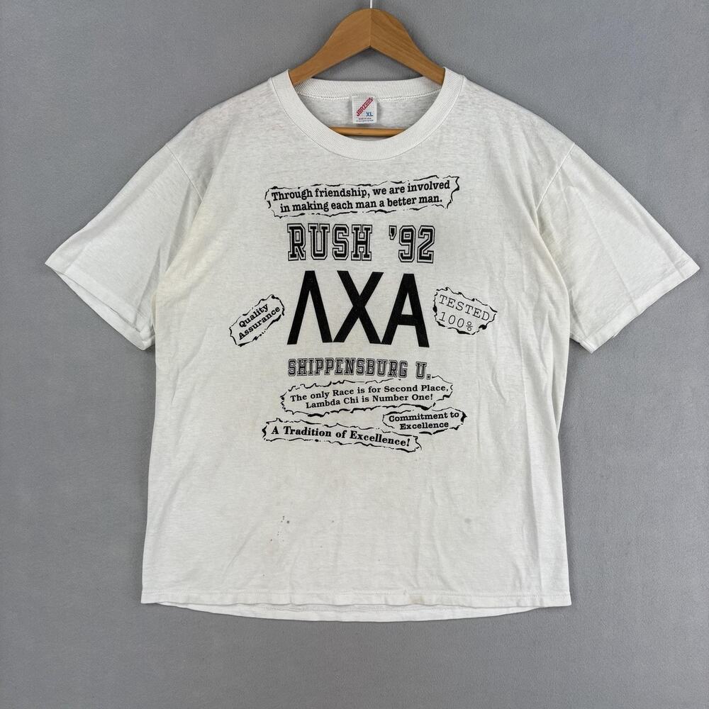 Vintage Lambda Chi Alpha Shirt Mens XL White Rush 92 Fraternity Shippensburg 90s